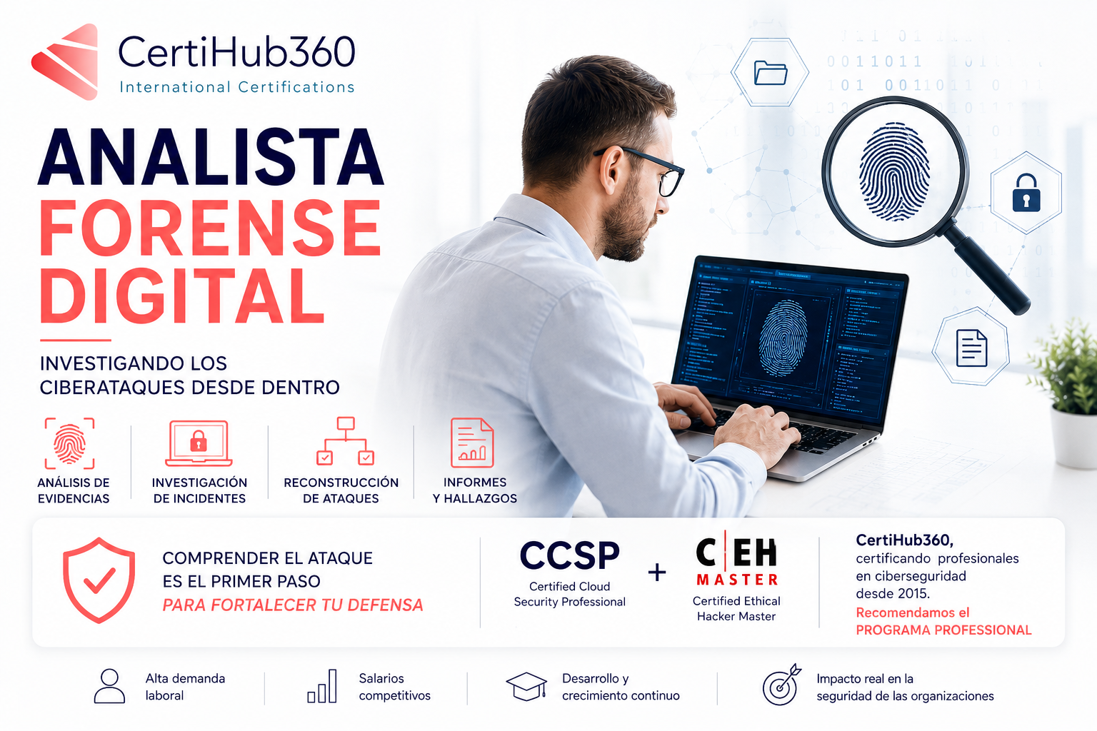 Analista Forense Digital investigando evidencias de un ciberataque para reconstruir un incidente de seguridad