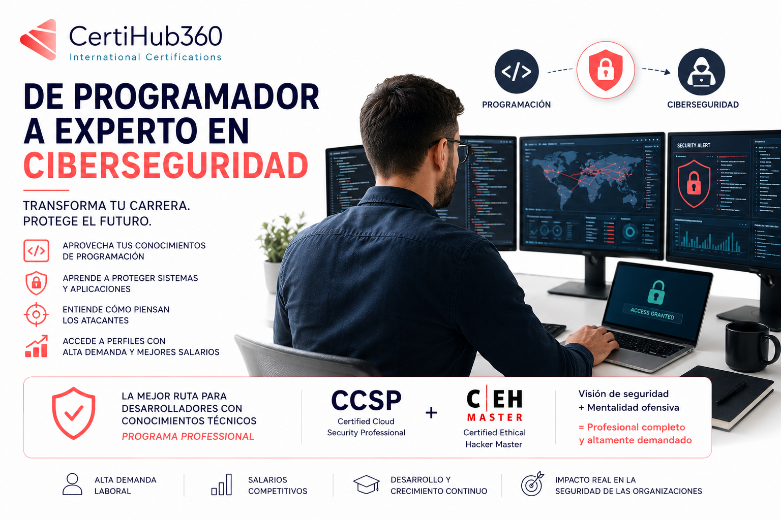 De programador a ciberseguridad: por qué cada vez más desarrolladores están dando este paso transformador Programador evolucionando hacia una carrera profesional en ciberseguridad mediante formación especializada