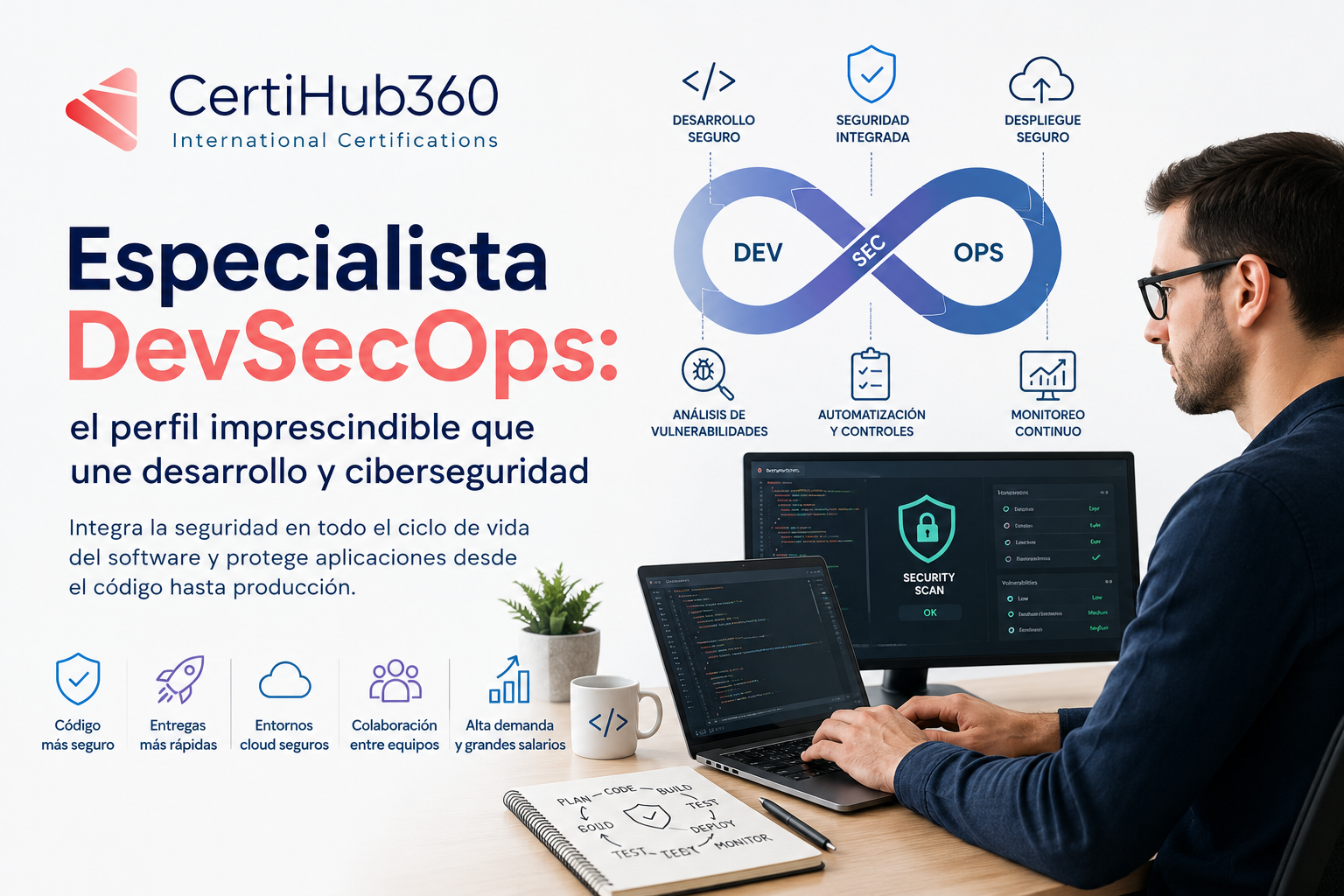 Especialista DevSecOps integrando seguridad, desarrollo y operaciones para proteger aplicaciones y entornos cloud